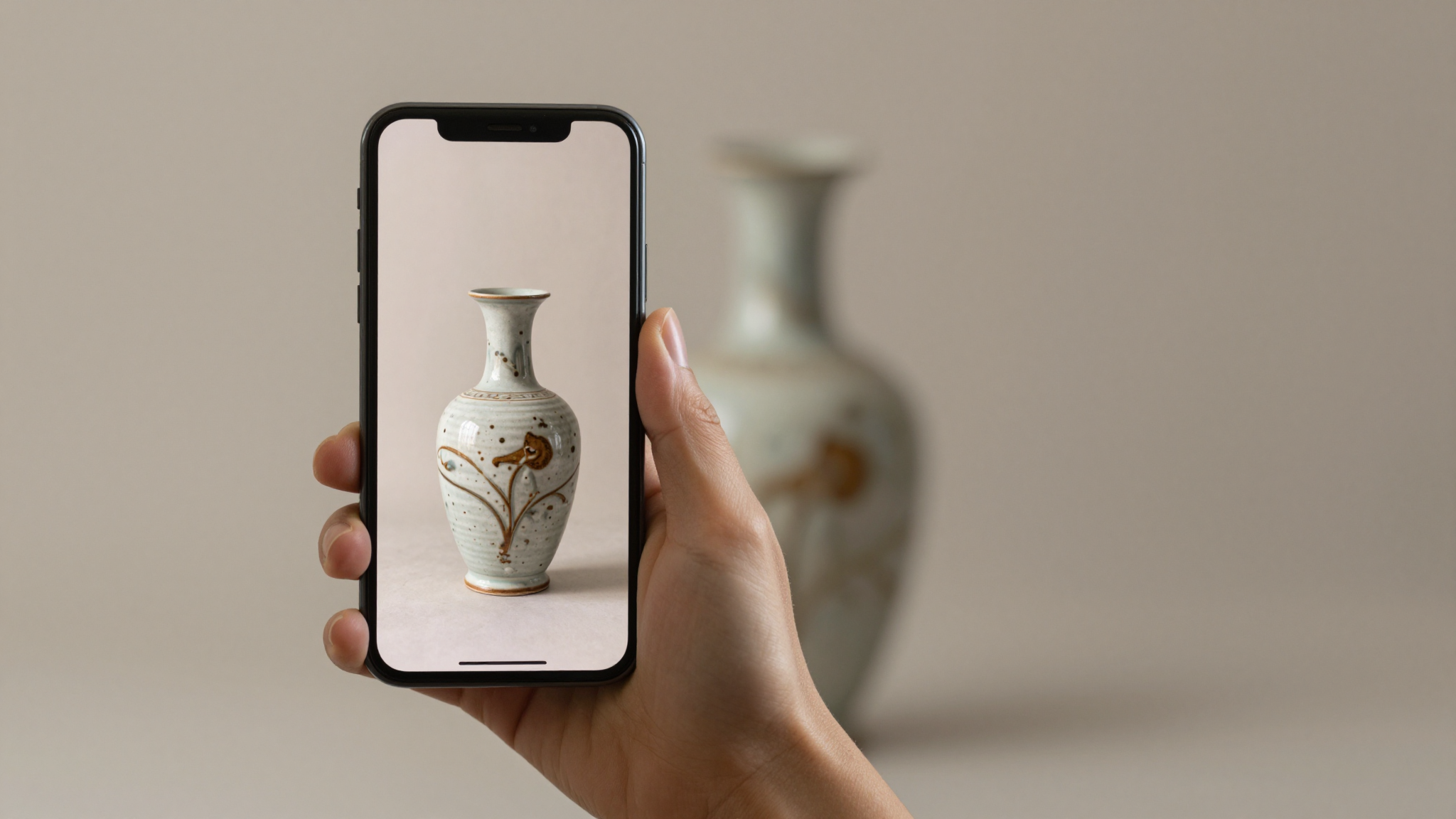 Antique Identifier Zophi app on a smartphone scanning a vintage object on a neutral background