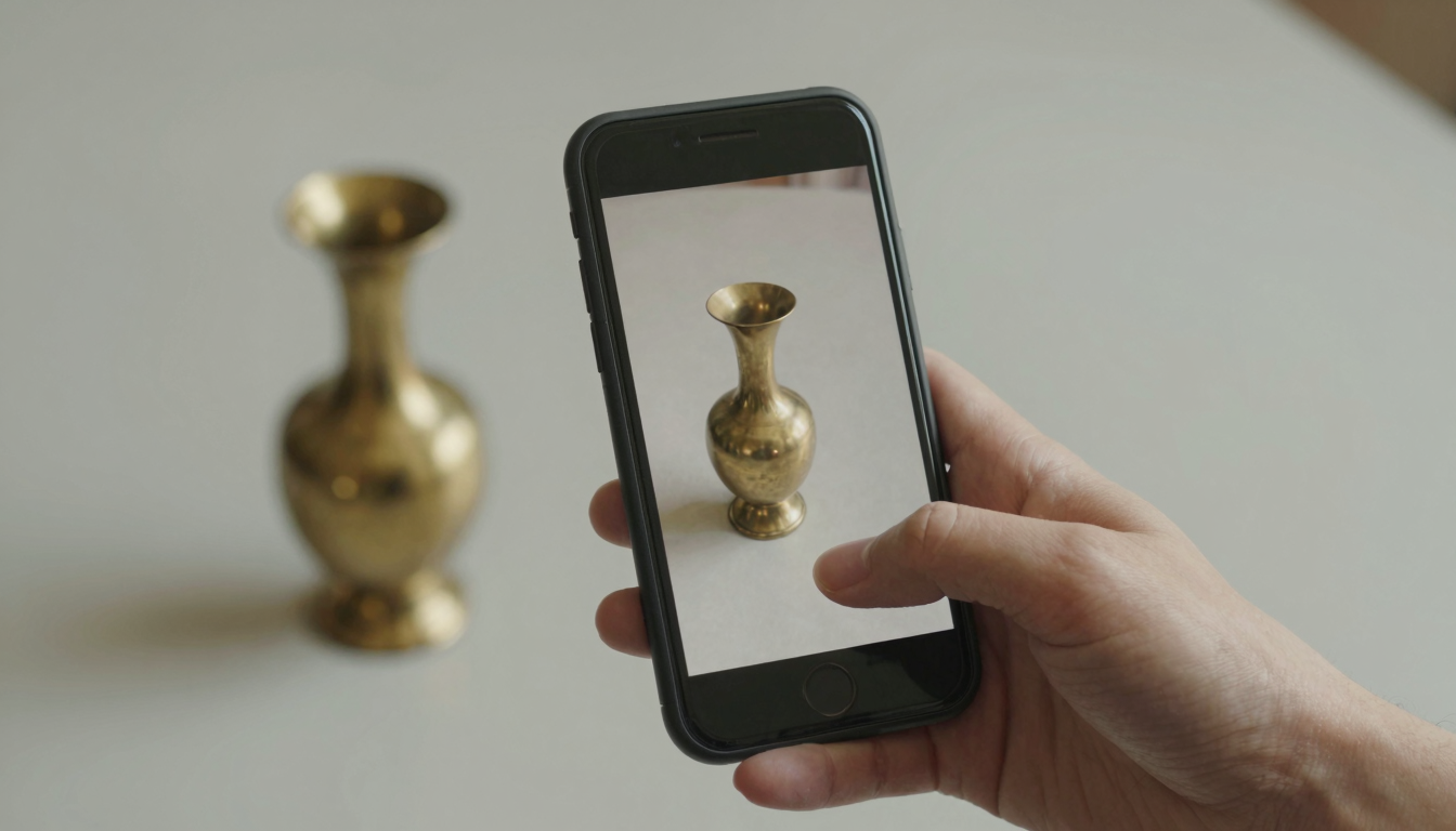 Smartphone photographing an antique brass vase to identify it with an AI app