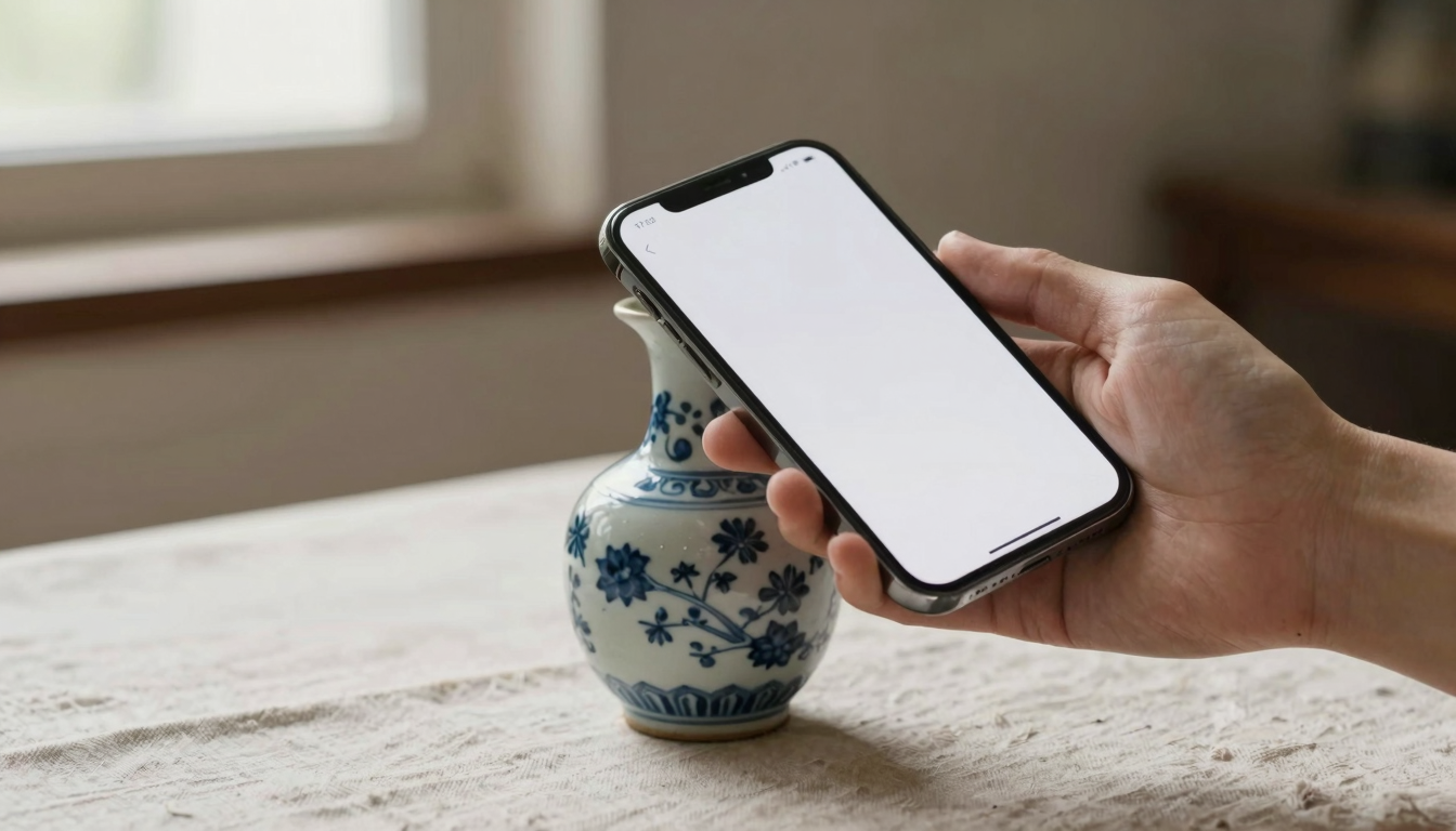 Smartphone photographing an antique vase for an appraisal app