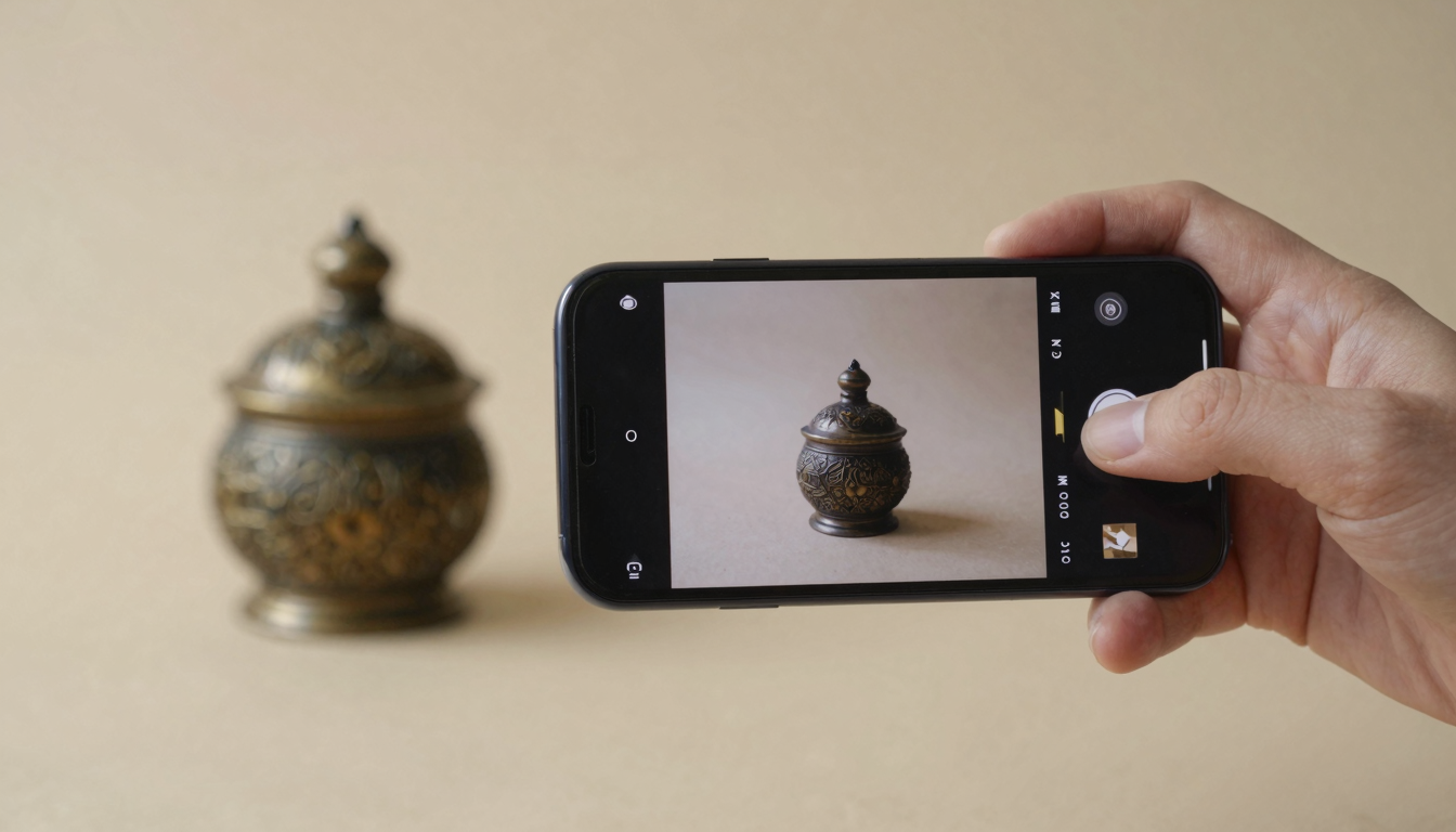 Collector photographing a small antique with a phone app on a neutral surface
