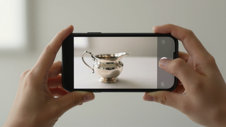 Smartphone photographing an antique silver creamer on a neutral background