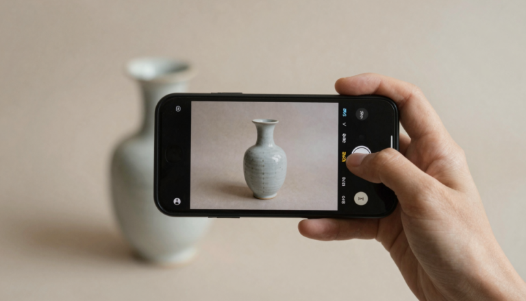 Beginner using a phone to photograph an antique vase for identification