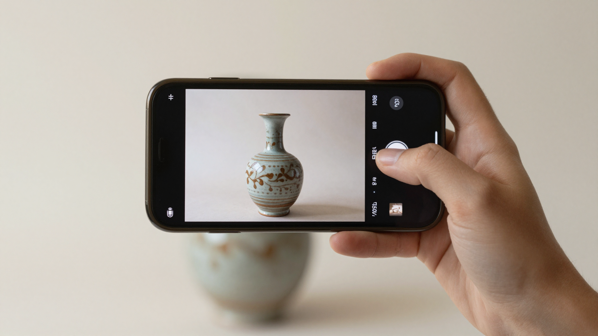 Beginner photographing an antique ceramic vase with a phone to identify it