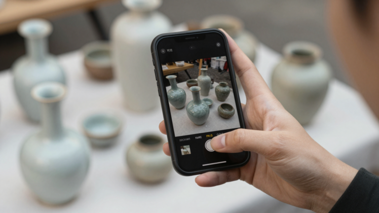 Hand photographing an antique vase at a flea market booth with a phone