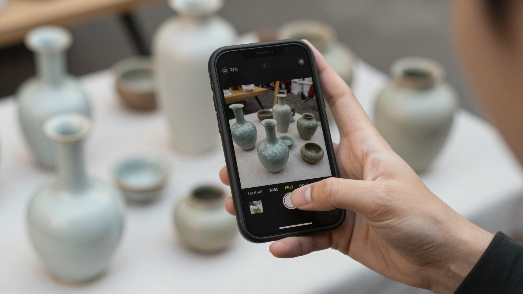Hand photographing an antique vase at a flea market booth with a phone