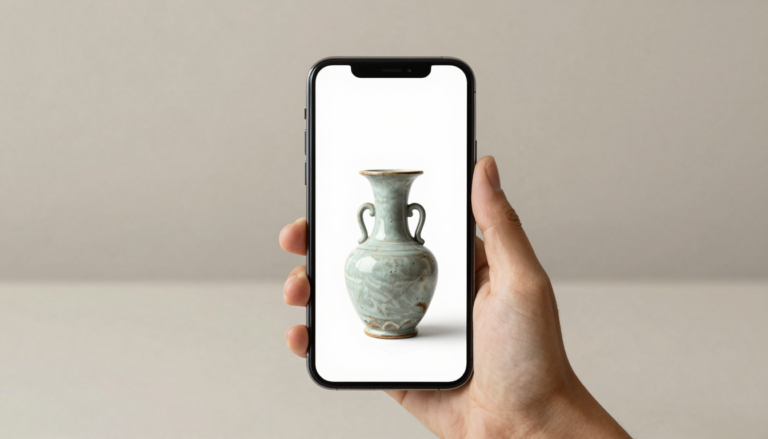 Smartphone photographing an antique vase on a neutral background to identify it by photo