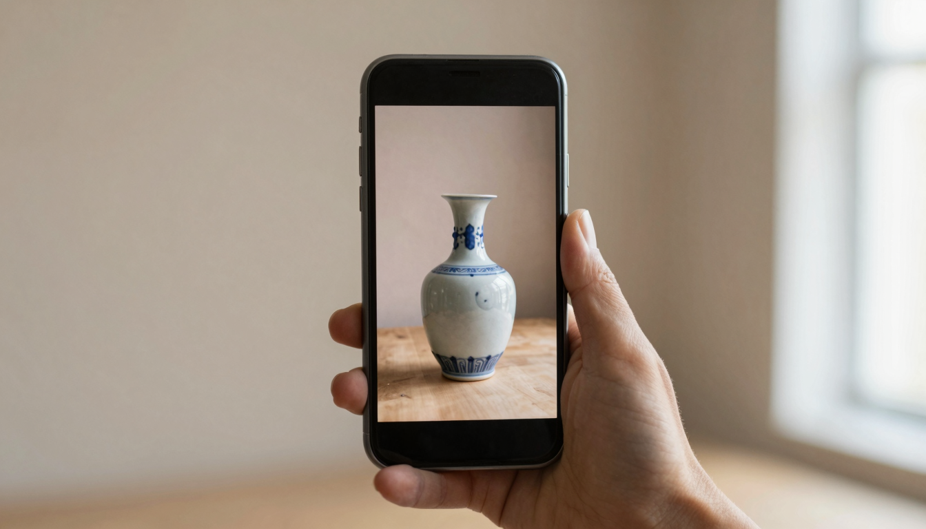 Smartphone photographing an antique vase to estimate its value