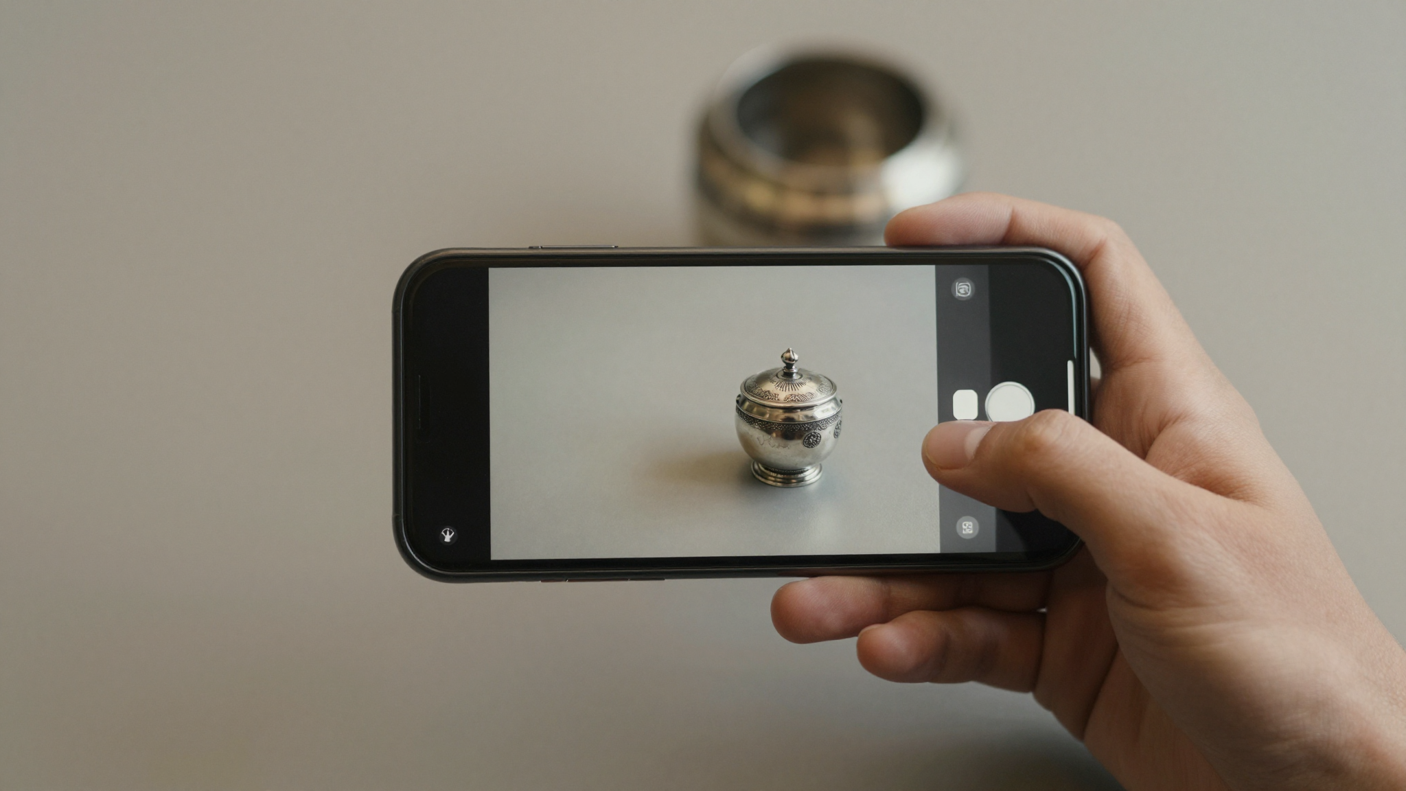 Smartphone photographing an antique silver piece on a neutral background