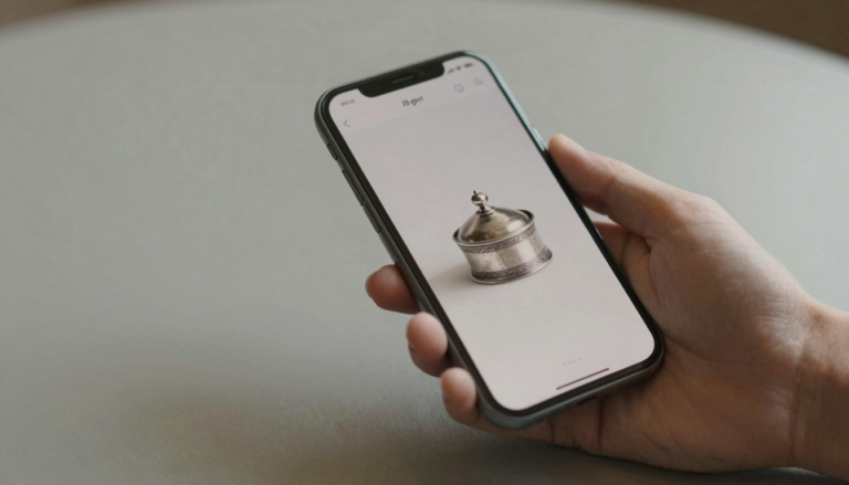 Smartphone photographing an antique silver object on a neutral background