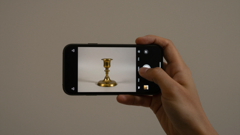 Smartphone photographing an antique, comparing Antiqly instant AI and Mearto human appraisal