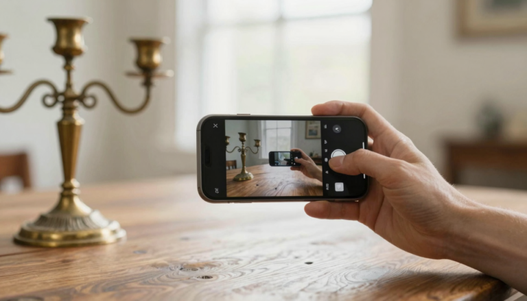 Collector photographing an antique candlestick with a phone at a sale to avoid scams