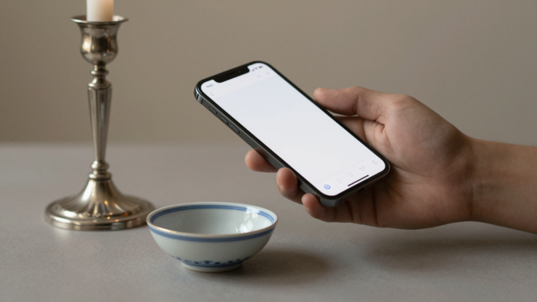 A smartphone photographing an antique silver piece on a neutral background