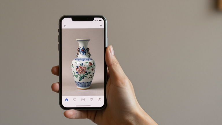 A phone photographing an antique vase for resale pricing on a neutral background