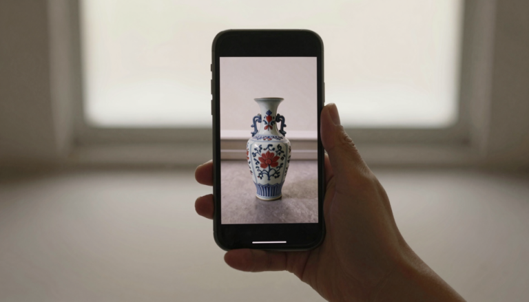 Smartphone photographing an antique vase to identify it with an app