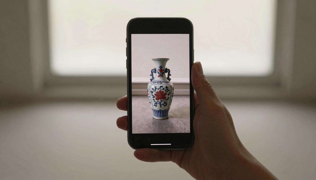 Smartphone photographing an antique vase to identify it with an app