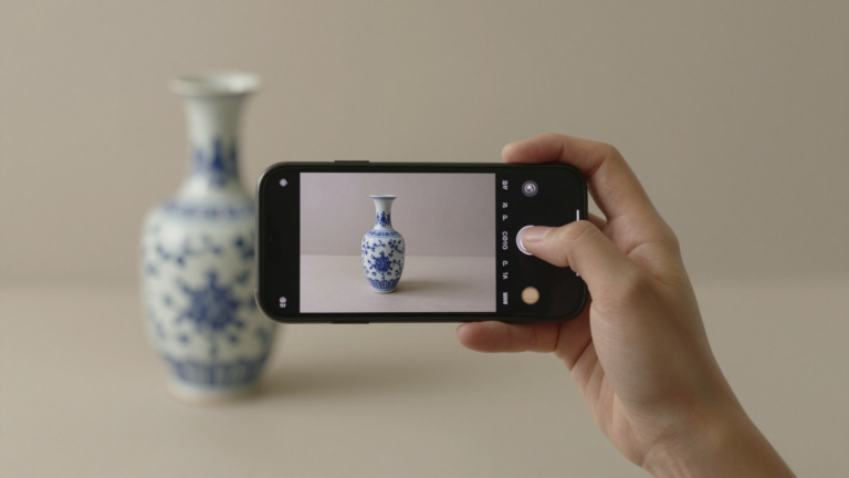smartphone photographing an antique vase to estimate its value