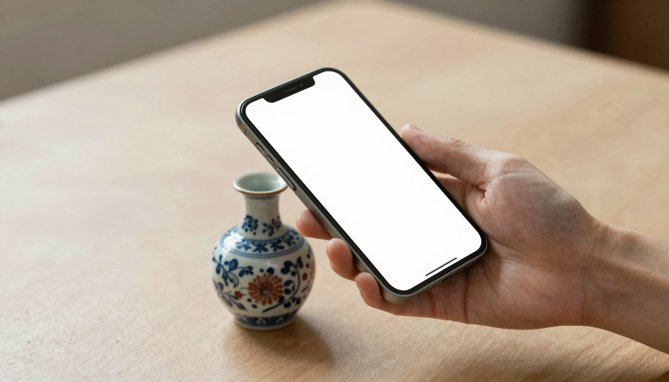 Phone photographing an antique vase next to WorthPoint alternative apps for antique values