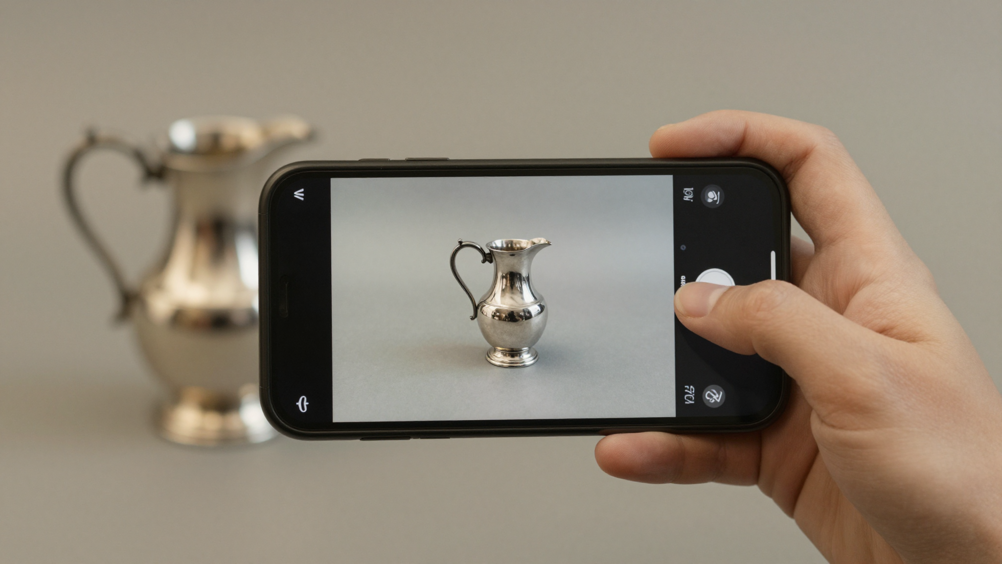 Person photographing an antique silver jug with a phone for a quick antique appraisal app