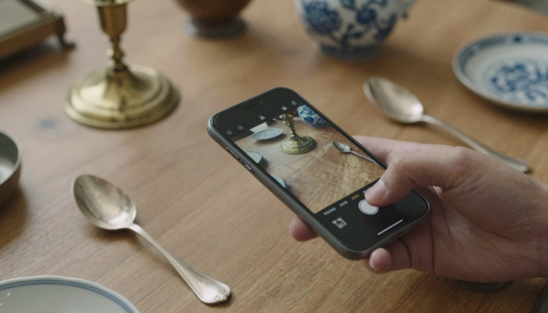 Smartphone photographing antiques on a reseller's table to identify and price them