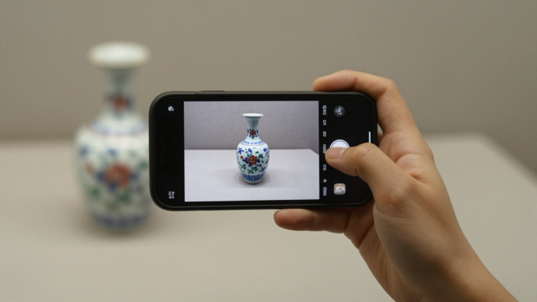 phone photographing an antique vase to identify it with an app
