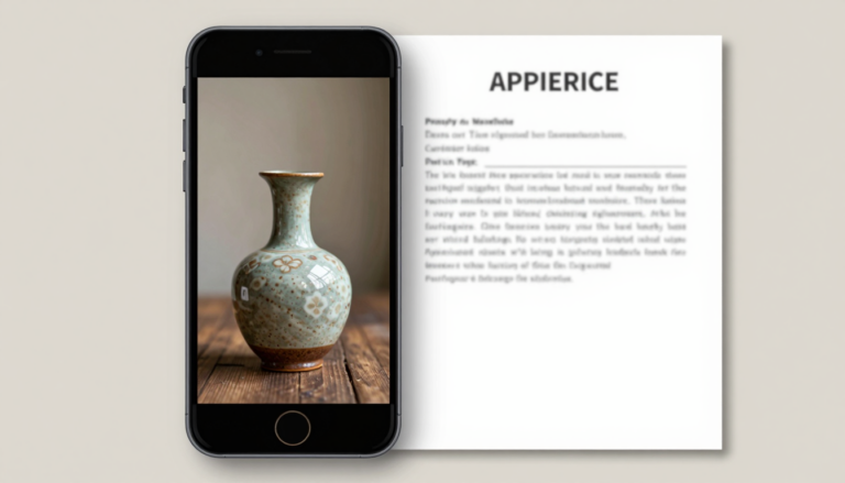 Phone photographing an antique vase beside a printed appraisal report, app versus service comparison