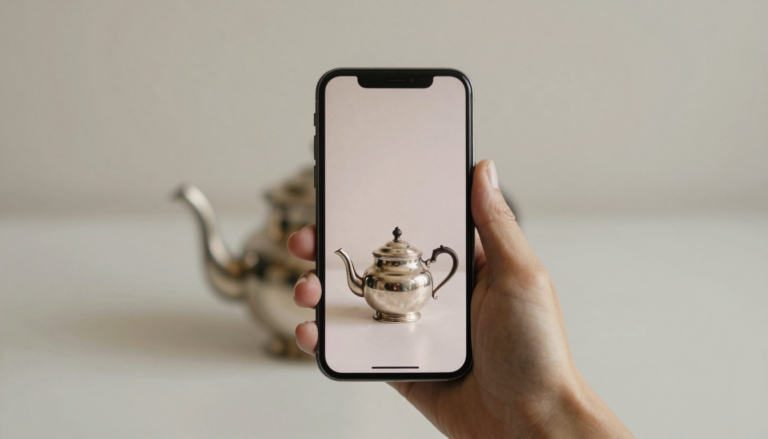 Smartphone photographing an antique silver teapot on a neutral background