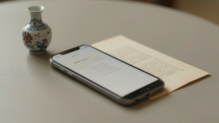 Smartphone photographing an antique porcelain vase beside a paper appraisal document